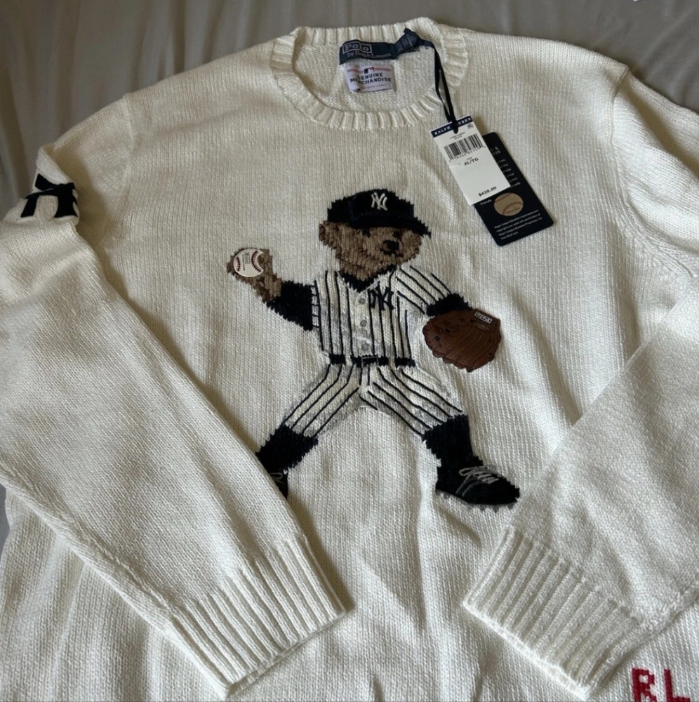 POLO  White/cream Ralph Lauren Yankee's Polo Bear Sweater Men's XL
